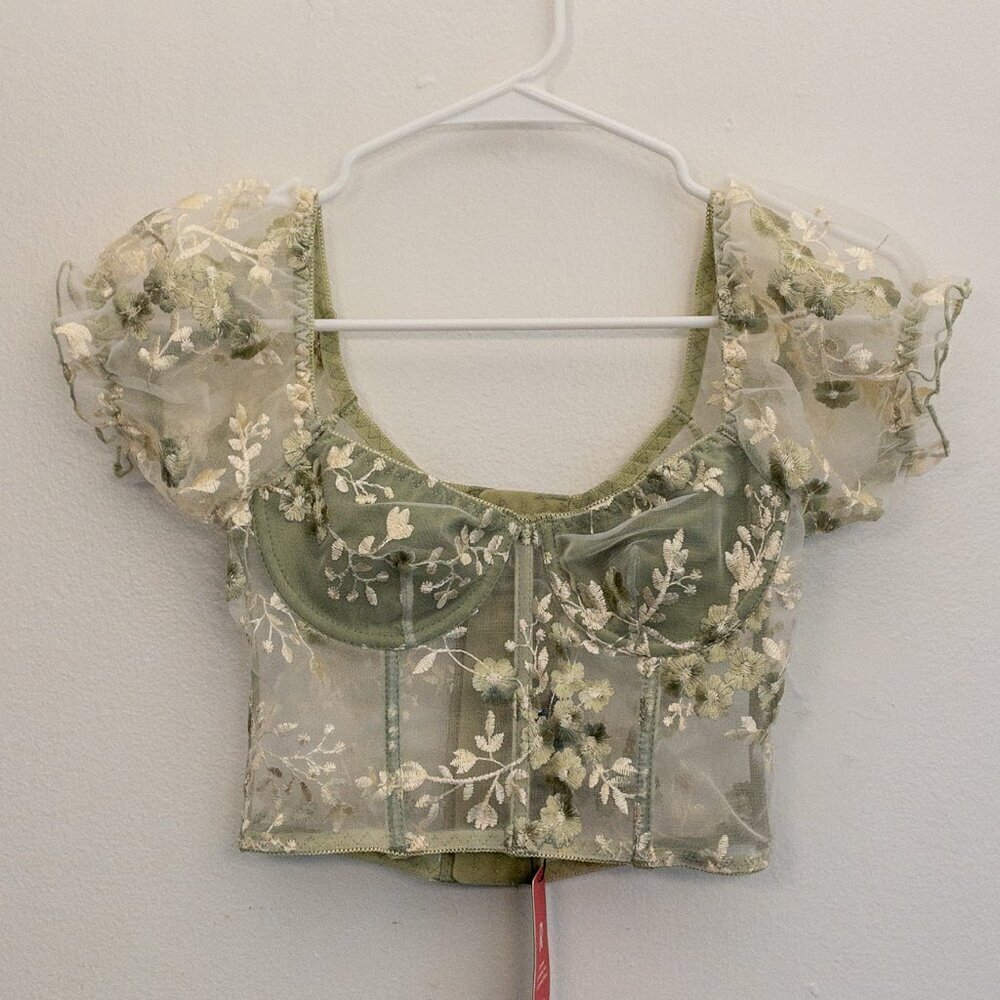 Sheer Floral Embroidered Mesh Crop Top | Size S | Sage Green Puff Sleeve | NWT - Picture 2 of 4